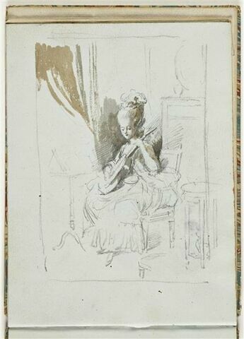 Jeune femme assise, en costume Louis XVI, jouant de la guitare