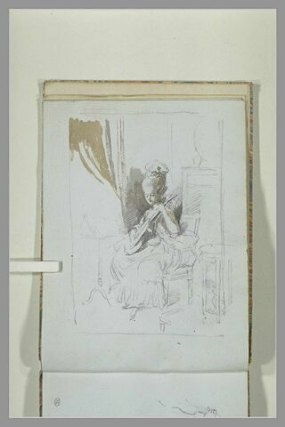 Jeune femme assise, en costume Louis XVI, jouant de la guitare, image 2/2