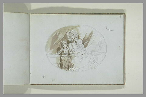 Femme assise, tenant un enfant sur ses genoux, un garçon à sa droite, image 2/2