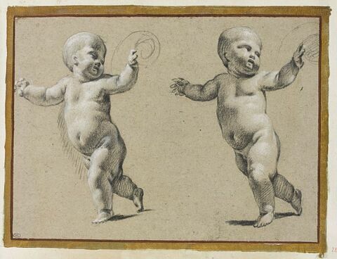 Deux enfants nus, marchant de trois quarts à gauche