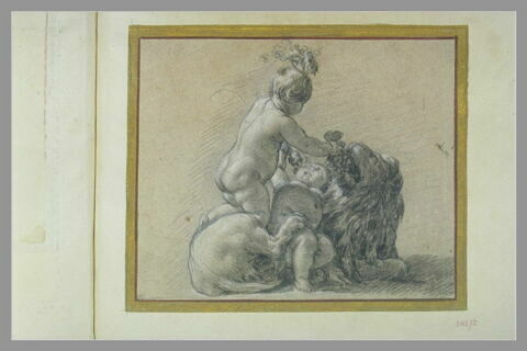Deux putti tenant des grappes de raisin, et jouant avec un lion, image 2/2