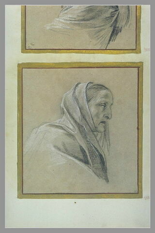 Vieille femme à mi-corps, un voile sur la tête, de profil, à droite, image 2/2