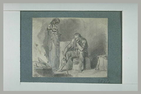 Femme versant à boire à un homme pensif assis près d'un feu