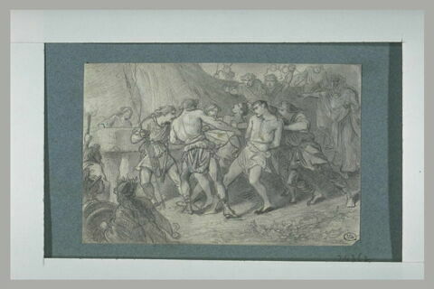Homme tirant des prisonniers enchaînés vers une table de sacrifice, image 1/1