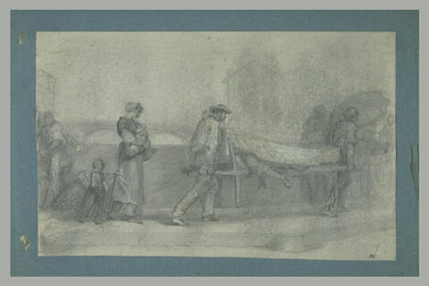 Homme portant un cadavre sur une civière que suit une femme et un enfant, image 1/1