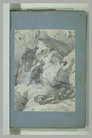 Moines du col du Grand-Saint-Bernard avec leur chien découvrant un homme gisant dans la neige, image 1/1