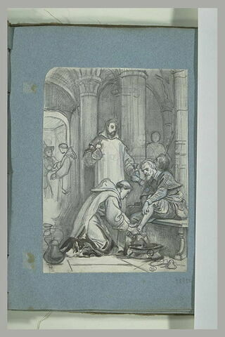 Moine lavant les pieds d'un pélerin de Saint-Jacques, image 1/1