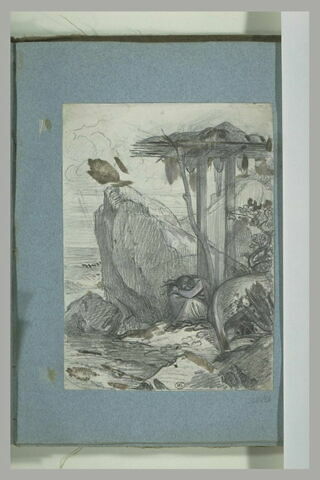 Personnage prostré parmi des rochers auprès de la mer, image 1/1