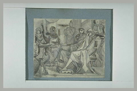 Scène antique : hommes assis dont un joueur de lyre