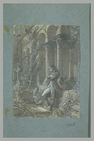 Jeune homme, costume Louis XVI, méditant parmi des tombes dans un cloître