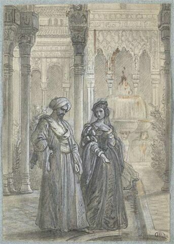 Un homme et une femme dans la cour des Lions à l'Alhambra