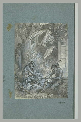 Jeune homme adossé à un arbre regardant un couple d'indiens au premier plan