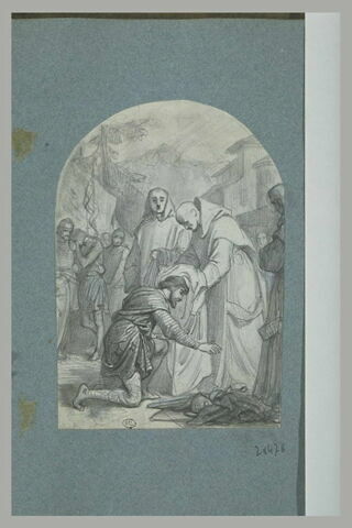 Chartreux accueillant un guerrier qui s'incline devant eux, image 1/1
