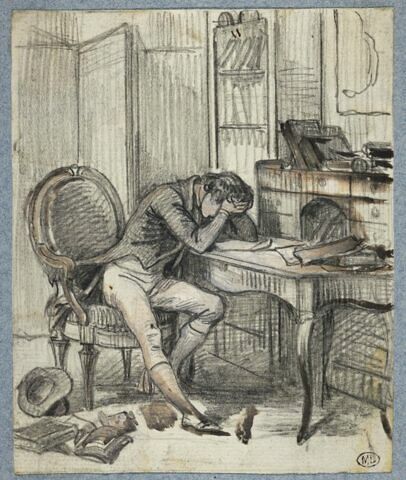 Vie de Chateaubriand (?) : homme desespéré à son bureau, image 1/2