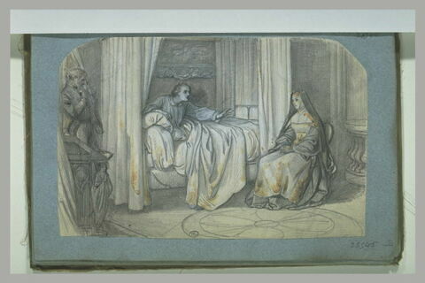 Homme se dressant dans un lit et regardant une soeur assise à côté, image 1/1