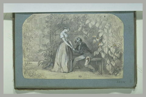 Homme assis sur un banc faisant une déclaration à une jeune femme debout, image 1/1