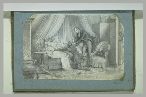 Jeune homme à genoux devant une femme étendue dans un lit