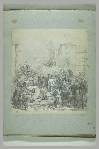 Halte de troupes dans un village : campagne d'Italie de 1859 (?)