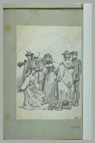 Groupe de cinq personnages avec costumes de différentes parties de l'Europe