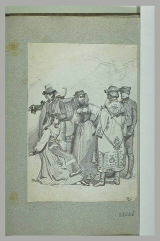 Groupe de cinq personnages avec costumes de différentes parties de l'Europe, image 1/1