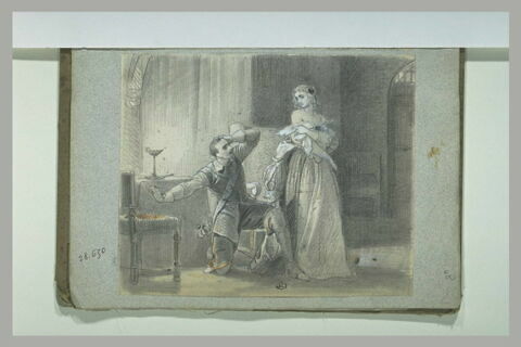 Les Trois Mousquetaires : mousquetaire agenouillé près d'une femme, image 1/1