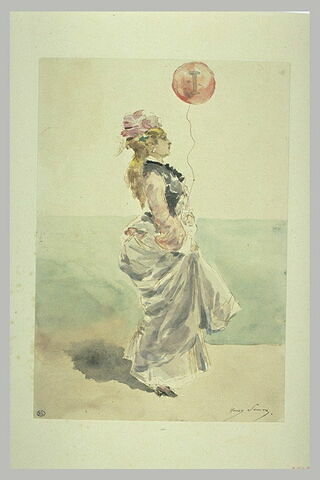 Jeune femme, debout, de profil vers la droite, tenant un ballon d'enfant