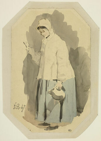 Femme en jupon bleu et camisole blanche, un bonnet sur la tête