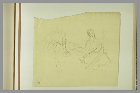 Femme orientale assise ; deux croquis sommaires, des figures d'hommes
