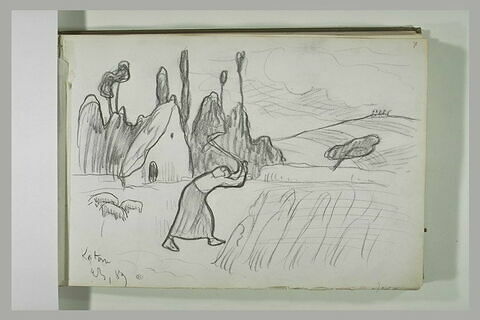 Femme dans un champ levant une bêche, image 2/2