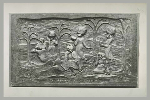 Frise en bois sculpté représentant trois groupes de personnages, image 2/3