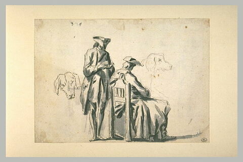 Deux hommes coiffés d'un tricorne, l'un debout lisant, l'autre assis, ..., image 1/1