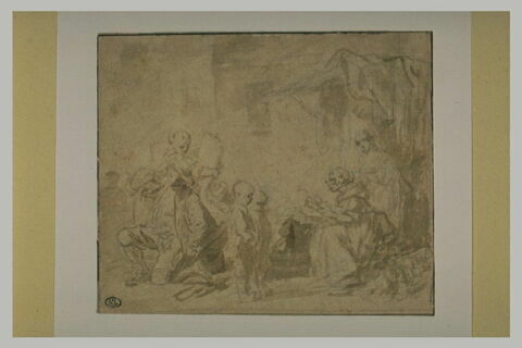 Personnages assemblés devant une masure, image 1/1