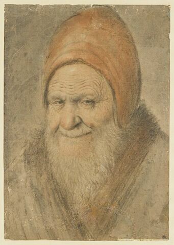 Portrait d'un vieillard coiffé d'un bonnet rouge, vu en buste