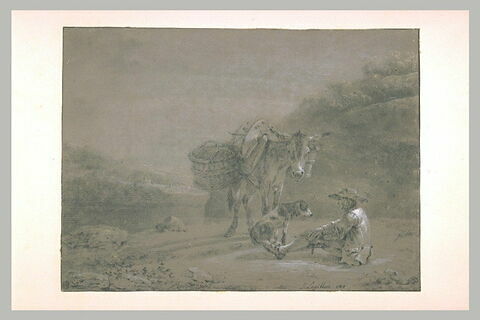 Paysan se reposant près de son âne, sur un chemin de campagne