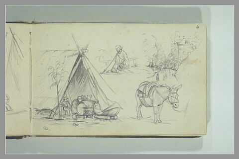 Etudes d'une tente abritant des tonneaux, d'une figure, d'un âne ..., image 2/2