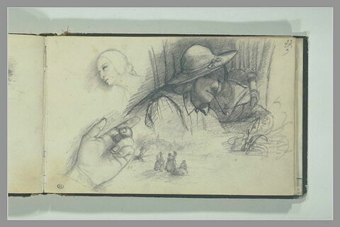 Etudes d'une main, de figures en buste et de figures dans la campagne, autoportrait à la pipe (autoportrait de Courbet et différents croquis), image 2/2