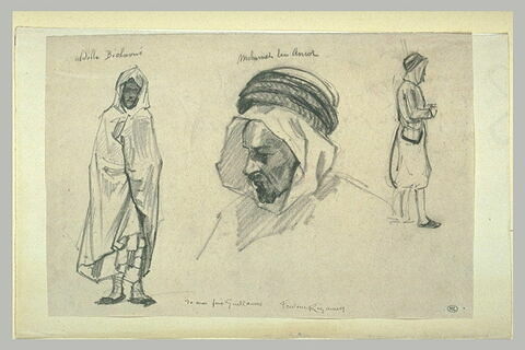 Arabe debout, drapé dans son burnou ; tête de trois quarts ; homme de profil