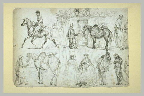 Etudes : cavalier ; officier devant un cheval ; garde ; deux femmes, image 1/1