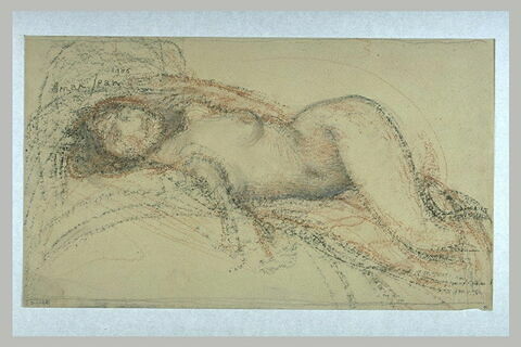 Femme nue, allongée sur un lit, la tête à gauche, image 1/1