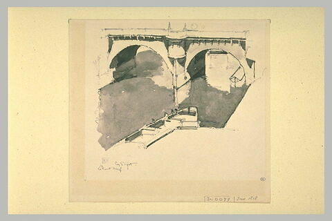 Deux arches du Pont-Neuf avec une grosse barge à quai, image 1/1