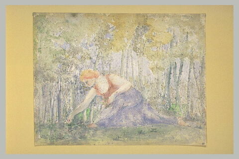 Femme cueillant des fleurs dans un bois