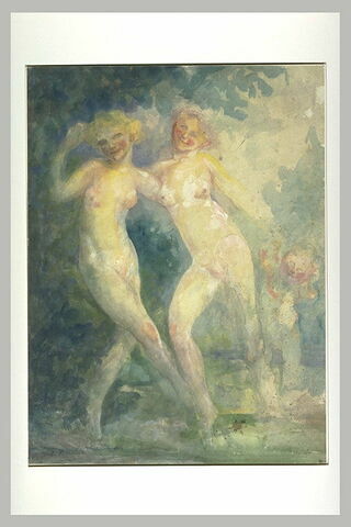 Deux femmes et un enfant nus, dansant, dans un paysage