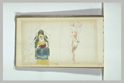 Vierge assise sur un trône, et femme nue tenant une amphore