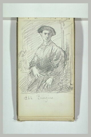 Portrait d'homme drapé avec chapeau, assis de face, tenant un livre