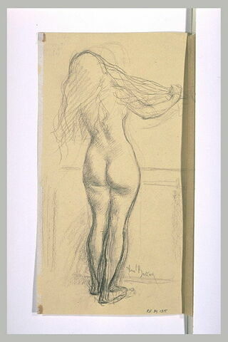 Femme nue, debout, de dos, se coiffant, image 1/1