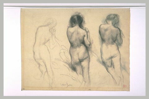Trois études d'une femme nue, de dos, debout, tenant sa chevelure
