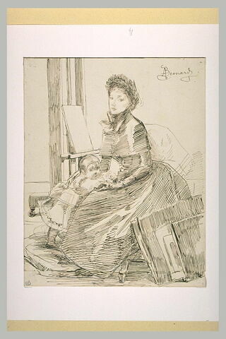 Femme et enfant près d'un chevalet et d'un carton à dessin
