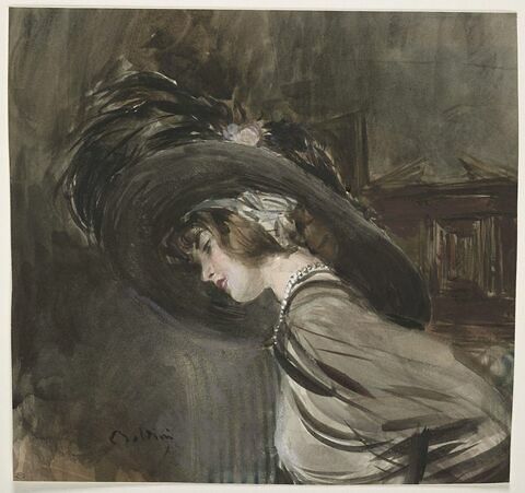 Jeune femme coiffée d'un très grand chapeau orné de plumes