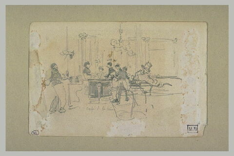 Intérieur de café avec un homme assis à droite, et plusieurs serveurs, image 2/2
