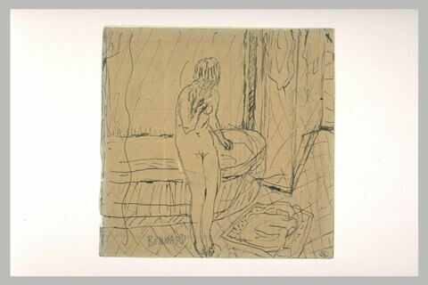 Femme nue debout devant une baignoire, à ses pieds, un tapis de bain, image 1/2